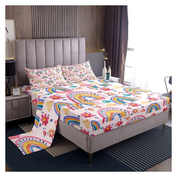 Queen Size Bed Sheets, Rainbow Floral Cartoon Pattern, for young sleepers and grows with them, Fitted Deep Pocket 16 Inches, 4-Piece Bedding with 2 Pillowcases, Princess Bedroom Decor, Multicolor