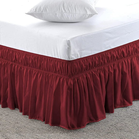 Queen Size Bed Skirt (60" x 80") Elastic Wrap Around, 100% Cotton Dust Ruffle, Easy Fit with 22" Tailored Drop, 400TC Shrinkage and Fade Resistant Bed Frame Cover - Burgundy Solid.