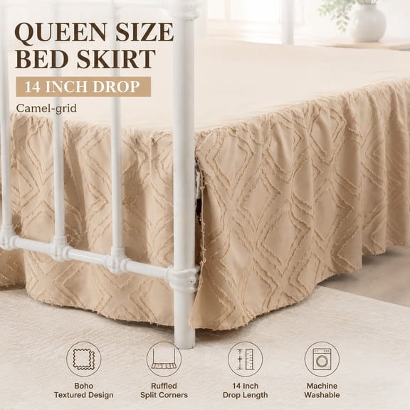 Queen Size Bed Skirt, Ruffled Bed Skirt with Split Corners, 14 Inch Drop, Boho Style, Light Camel Color, Hotel Quality Bed Skirt
