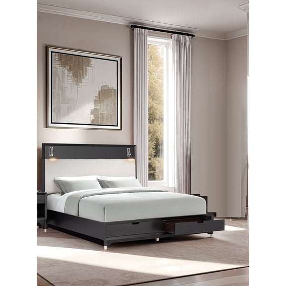 Queen Size Bed with Storage Drawers in Black Finish, Mid-Century Modern Style, Solid Wood & Walnut Veneer, Upholstered Headboard with LED Reading Lights, Silver-Capped Legs, Ball-Bearing Glides