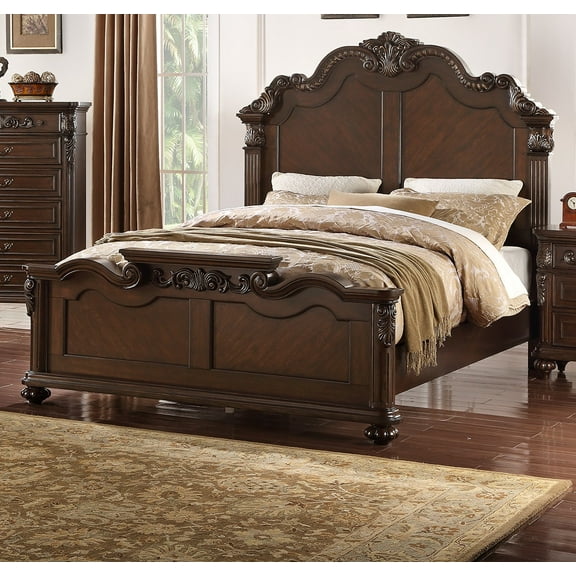 Queen Size Bed Unique Carving HB FB Dark Brown Wooden Bedframe Formal Bedroom Furniture