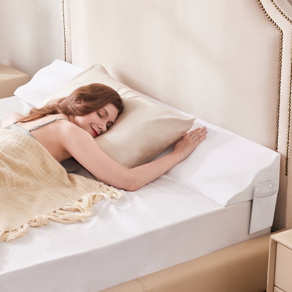 Queen Size Bed Wedge Pillow for Headboard – Mattress Gap Filler (0–8") Helps Close Gap Between Headboard and Mattress, Prevents Items Falling, Wave Design, White (60" x 10" x 6")