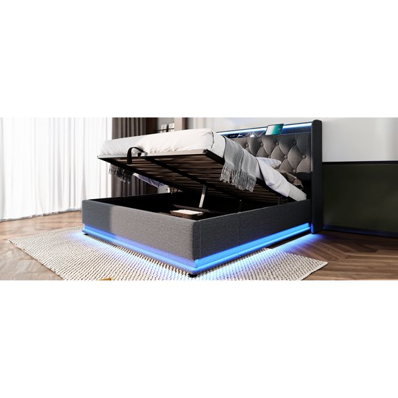 Queen Size Bed With 360 Surround Led And Hydraulic Storage - Gray Fabric Linen 360° , Storage, Type-c Socket