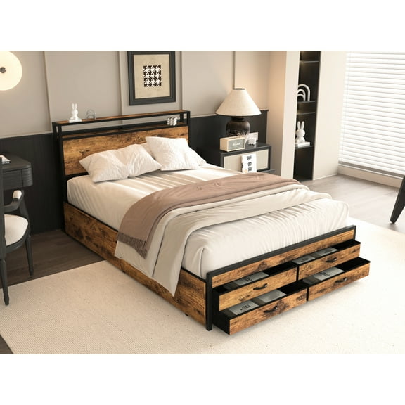 Queen Size Bed With 8 Drawer Storage, Led Headboard Charging Plug, Metal Platform Frame, No Box Spring, Soundless, Stable, Pink Brown Tan