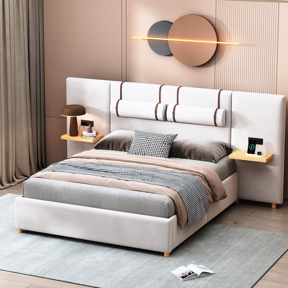 Queen Size Bed With Built-in Pillows, Beige Velvet Upholstery, & Outlet Ports, Side Storage Shelves Covering, Two Outlets Storage, Robust