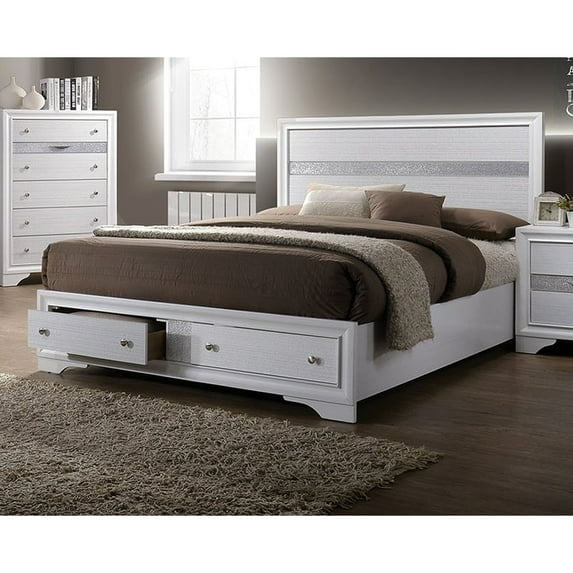 Queen Size Bed With Drawers In White Contemporary Bedroom Furniture Panel Headboard Storage And Silver Handles -