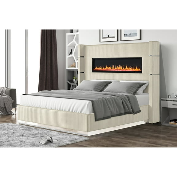 Queen Size Bed With Fireplace Effect And Velvet Covering Soft Upholstery