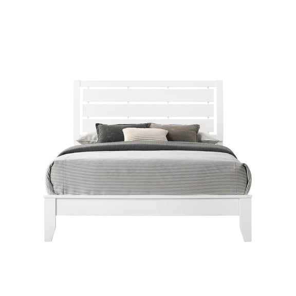 Queen Size Bed With Geometric Pattern & Soft Headboard In White Slightly Tapered Feet