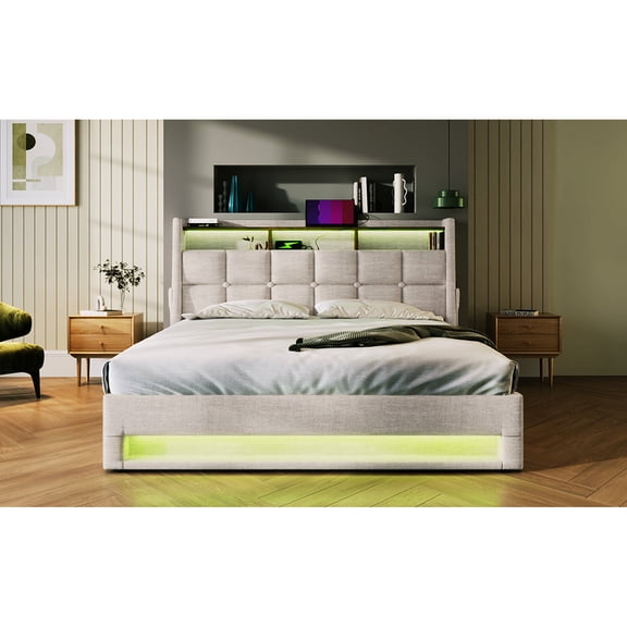 Queen Size Bed With Led And Spacious Under Space - Natural Modern Lighting Construction