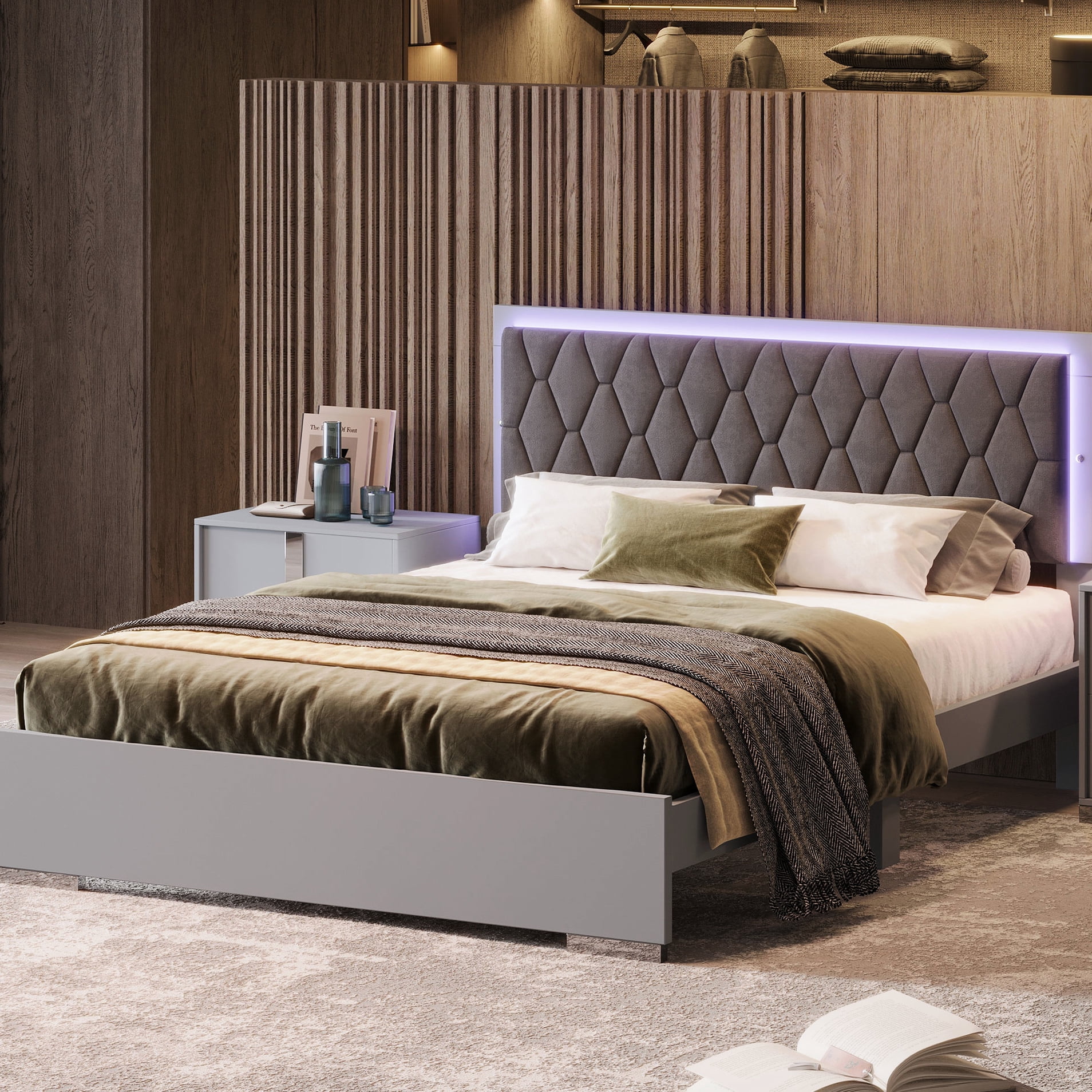 Queen Size Bed With Led Lights, Grey Velvet Headboard For A Peaceful ...