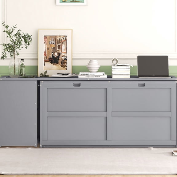 Queen Size Bed With Rotable Desk, Gray - Bedroom Element, Space Saver Furniture,