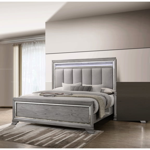 Queen Size Bed With Upholstered Headboard Featuring Led , Gray, Mirrored Accent Border, 4 Slats & Legs, And Washable