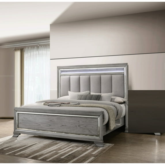 Queen Size Bed With Upholstered Headboard Featuring Led , Gray, Mirrored Accent Border, 4 Slats & Legs, And Washable
