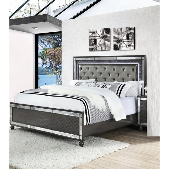 Queen Size Bed With Upholstery, X-shaped Accent, And Gray Faux Leather Modern Style Design Upholstery