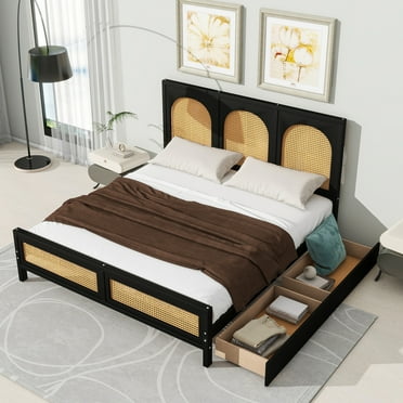 Queen Size Bed, Wood Storage Platform Bed Frame with 2 Drawers, Rattan Headboard and Footboard, Fashionable Platform Bed with Strong Wooden Slats Support, No Box Spring Needed, Black