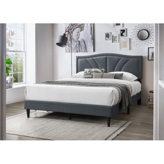 Queen Size Burlap Fabric Platform Bedframe No Box Spring Gray for Master Bedroom