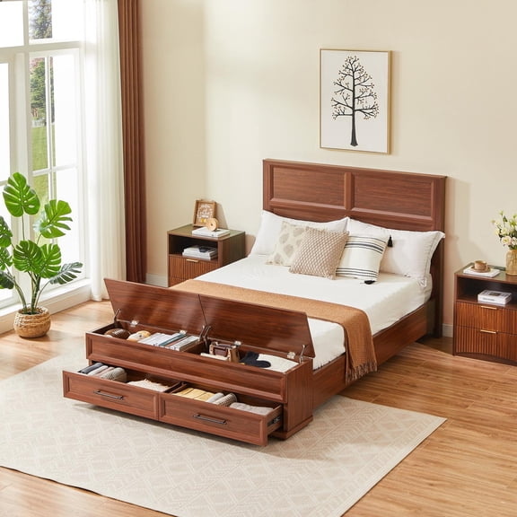 Queen Size Bed with 3D Geometric Headboard & Storage Bench, 4-Drawer Under-Bed Storage, Modern Wood Platform Bed Frame for Bedroom, Walnut