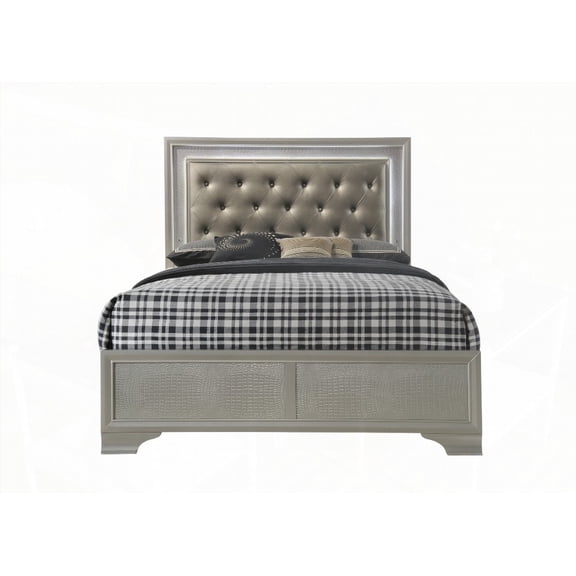 Queen Size Bed with Champagne Crocodile Skin Upholstery and Beige & White LED Headboard