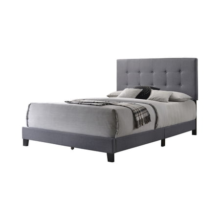 Queen Size Bed with Square Button Tufted Headboard and Chamfered Legs, Gray- Saltoro Sherpi