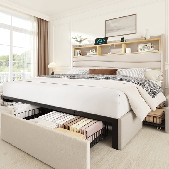 Queen Size Bed with Storage Drawers & Headboard, Upholstered Bed Frame with Charging Station, Beige