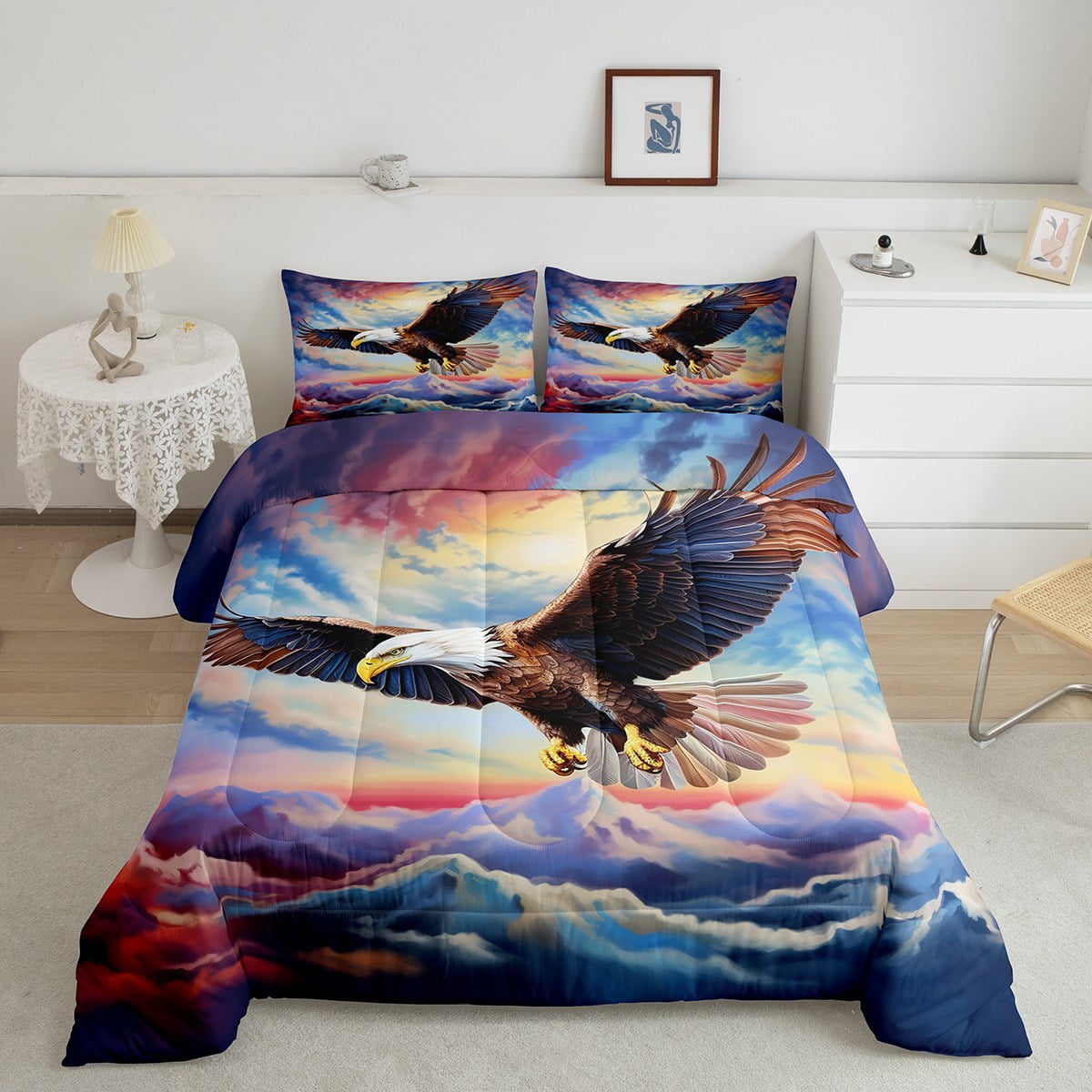 Queen Size Bedding Set for Boys Eagle Comforter Bird Print Bedding