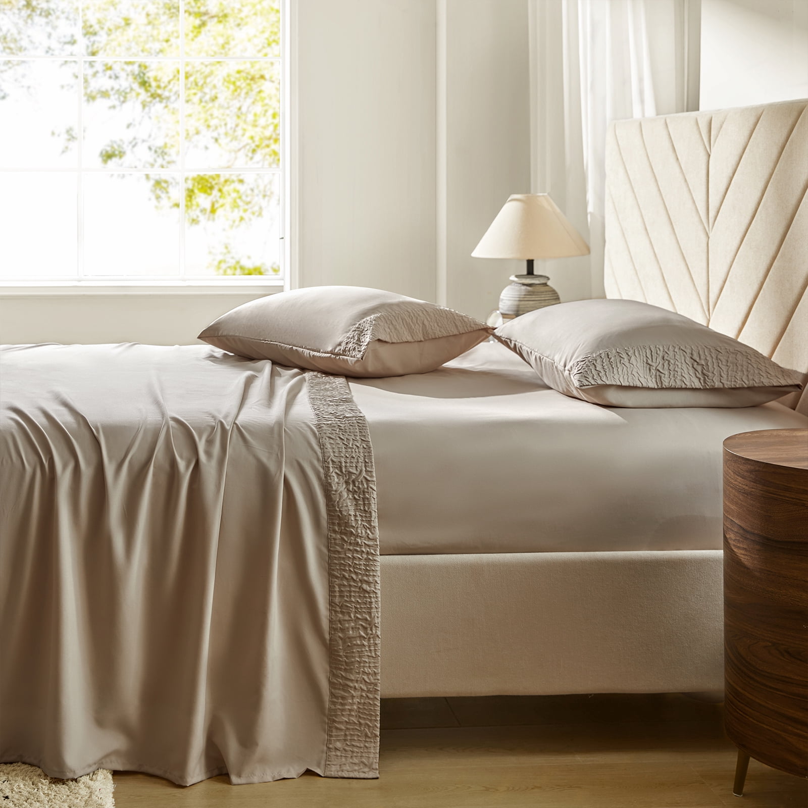 4 Pcs Cooling Bed Sheets Set with 16" Deep Pocket, Luxury Soft Queen Sheets, Ivory