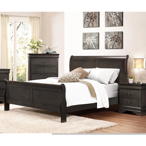 Queen Size Bedroom Bed, Stained Gray In Traditional Design Bed With Finish, For Headboard,