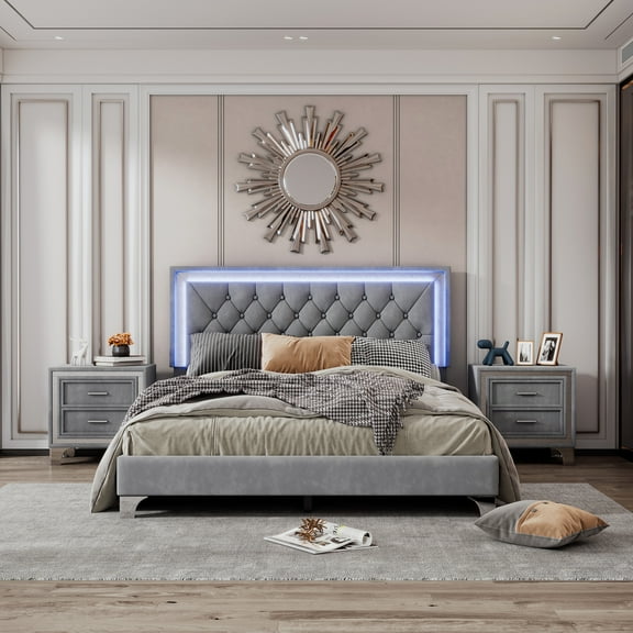 Queen Size Bedroom Ensemble With Upholstered Led Bed And Two Nightstands - Gray 3 Compilation, Platform Multi-level Lights &