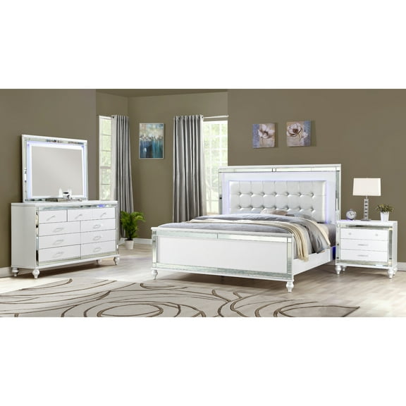 Queen Size Bedroom In White - 4 Piece With Modern Storage And Mirror Contemporary Pc For With Crystal Details