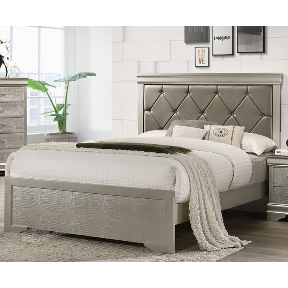 Queen Size Beige Champagne Finish Panel Bed with Crocodile Texture PU Upholstered Headboard & Crystal-Like Button Tufting for Bedroom Dcor