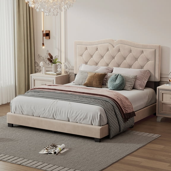 Queen Size Beige Modern Velvet Upholstered Bed Frame with Rivet Design, Tufted Headboard