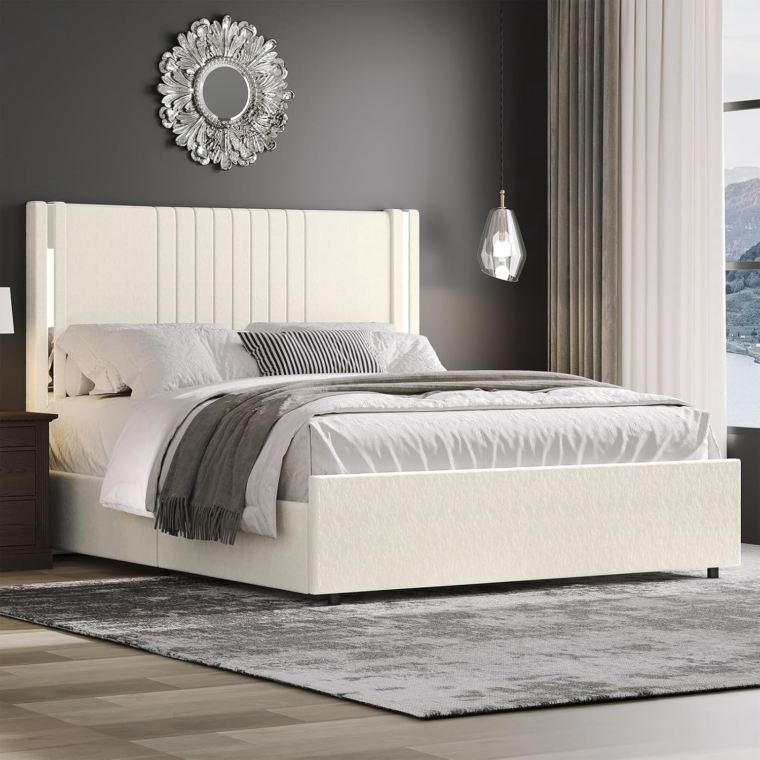Queen Size Beige Velvet Upholstered Platform Bed Frame with Channel Tufted Wingback Headboard, Wooden Slats, No Box Spring Needed