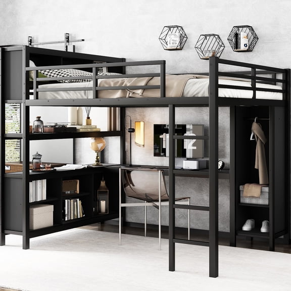 Queen Size Black Bed - Full - length Guardrail - For Resting & Entertaining - Storage Shelves Included