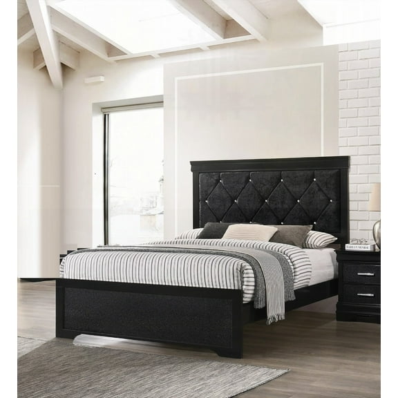 Queen Size Black Finish Panel Bed Featuring Upholstered Headboard & Crystal-Like Button Tufting in Bedroom Furniture