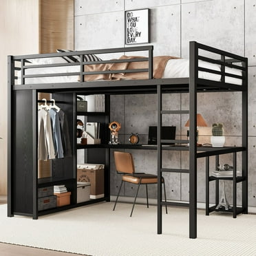 Queen Size Black Metal Loft Bed with Built-in Wardrobe, Desk and Storage Shelves, Minimalist Style for Space-saving Bedroom