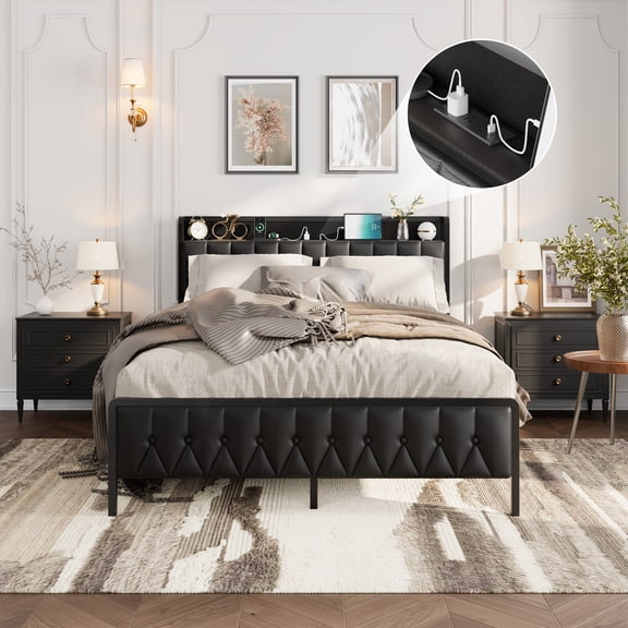 Queen Size Black PU Faux Leather Bed Frame with Charging Station - Button Headboard & Footboard, 12" Storage, All-Metal Noise-Free Platform, Easy Assembly, No Box Early Season Needed - With Socket