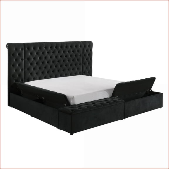 Queen Size Black Plush Velvet Tufted Headboard Bed with Concealed & Footboard Storage  Modern Bedroom