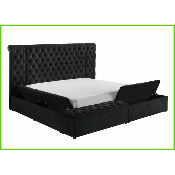 Queen Size Black Velvet Plush Tufted Headboard Storage Bed Frame for Modern Bedroom