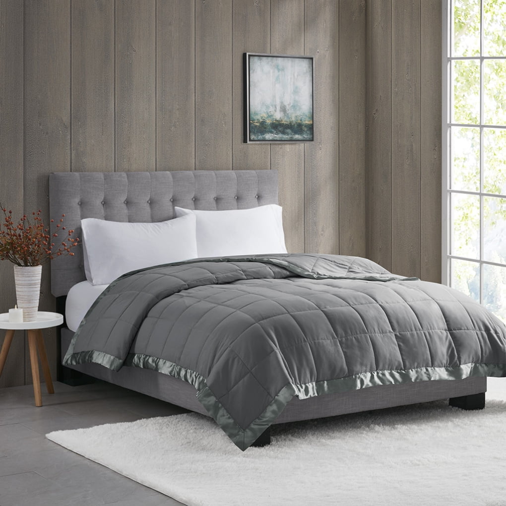 Queen Size Blanket Modern Polyester Alternative Blanket with Satin Trim and Classic Box Quilting Reversible Lightweight Blanket for All Seasons 90 90 Inch Charcoal Walmart