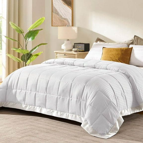 Queen Size Blanket with Satin Trim, Lightweight Down Alternative Blankets Queen Size for All Season, Machine Washable (Ivory, 90x90 Inch)