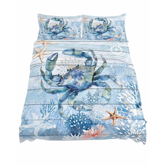 Queen Size Blue Crab Sheet Sets Ocean Coral Starfish Vintage Wood Grain Soft Breathable Microfiber Bed Sheets Deep Pockets 4 Piece Bed Sheets Set, 1 Fitted Sheet, 1 Flat Sheet & 2 Pillowcases