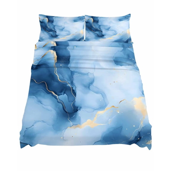 Queen Size Blue Marble Sheet Sets Abstract Modern Art Blue Gradient Waves Soft Breathable Microfiber Bed Sheets Deep Pockets 4 Piece Bed Sheets Set, 1 Fitted Sheet, 1 Flat Sheet & 2 Pillowcases