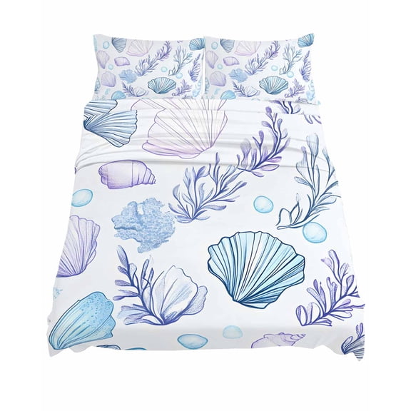 Queen Size Blue Shell Sheet Sets Conch Purple Coral Bubble Ocean Creature Soft Breathable Microfiber Bed Sheets Deep Pockets 4 Piece Bed Sheets Set, 1 Fitted Sheet, 1 Flat Sheet & 2 Pillowcases