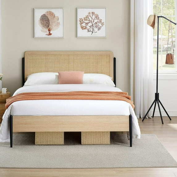 Queen Size Boho Bed Frame with Rattan Headboard & Wood Footboard, Under Bed Storage, No Box Spring Needed, Noise-Free Design