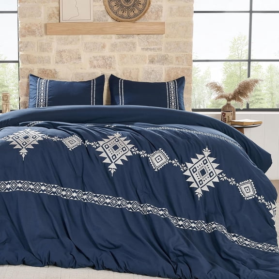 Queen Size Boho Embroidered Comforter Set, 3-Piece Western Shabby Chic Fluffy Microfiber Bedding, Navy