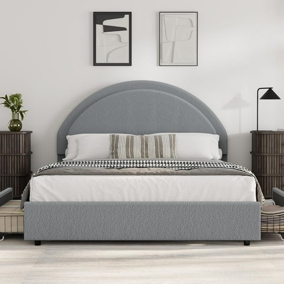 Queen Size Boucle Bed Frame with 2 Storage Drawers, Soft Upholstered Platform Bed Frame with Round Headboard, Heavy Duty, Wooden Slats, Noise Free, No Box Spring Needed, Grey