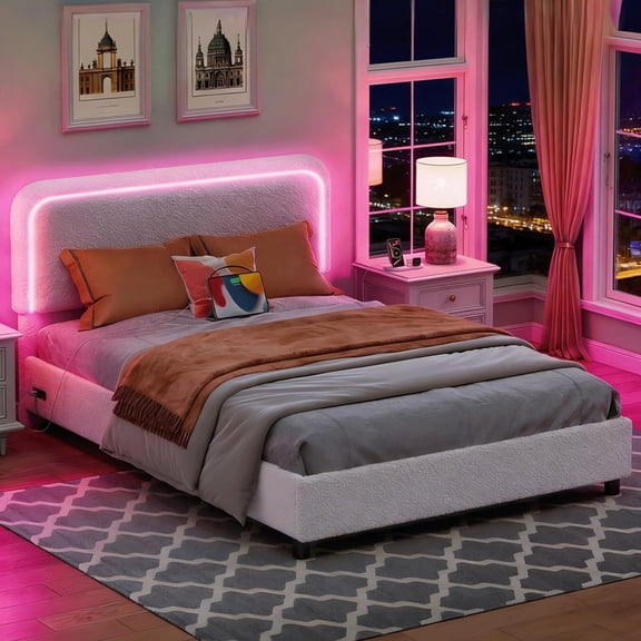 Queen Size Boucle Bed Frame, Adjustable Rounded Corners Headboard with LED Lights, Upholstered Teddy Fabric Bed Frame with Charging Station, No Box Spring Required, Easy Assembly, Beige