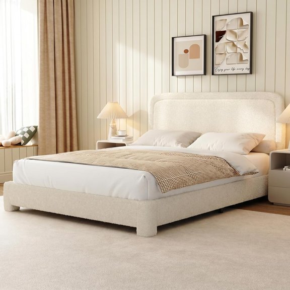 Queen Size Boucle Bed Frame, Modern Cream Bed Frame with Headboard, Soft Rounded Corners, No Box Spring Required, Adjustable Headboard, Easy Assembly