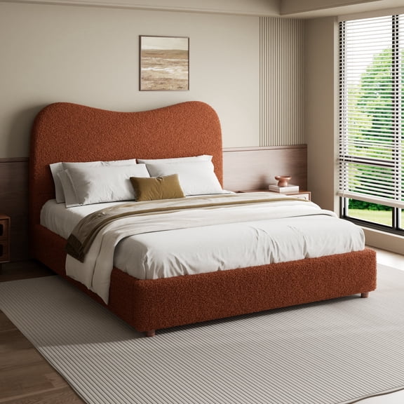 Queen Size Boucle Bed Frame Soft Upholstered Cloud Bed Frame with Headboard, Modern Wave Teddy Fabric Headboard, Strong Wooden Slats, No Box Spring Needed, Easy Assembly, Noise Free, Brown