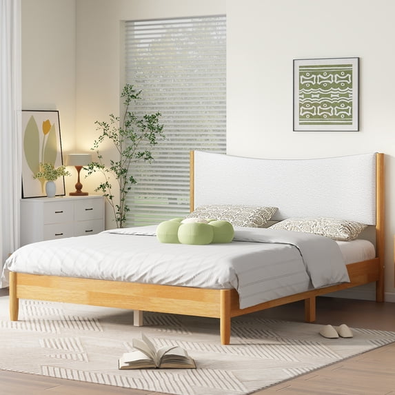Queen Size Boucle Bed Frame, Solid Wooden Bed Frame with Curved Teddy Headboard, Soft Cloud Bed with Underbed Storage Space, No Box Spring Needed, Easy Assembly, Natural